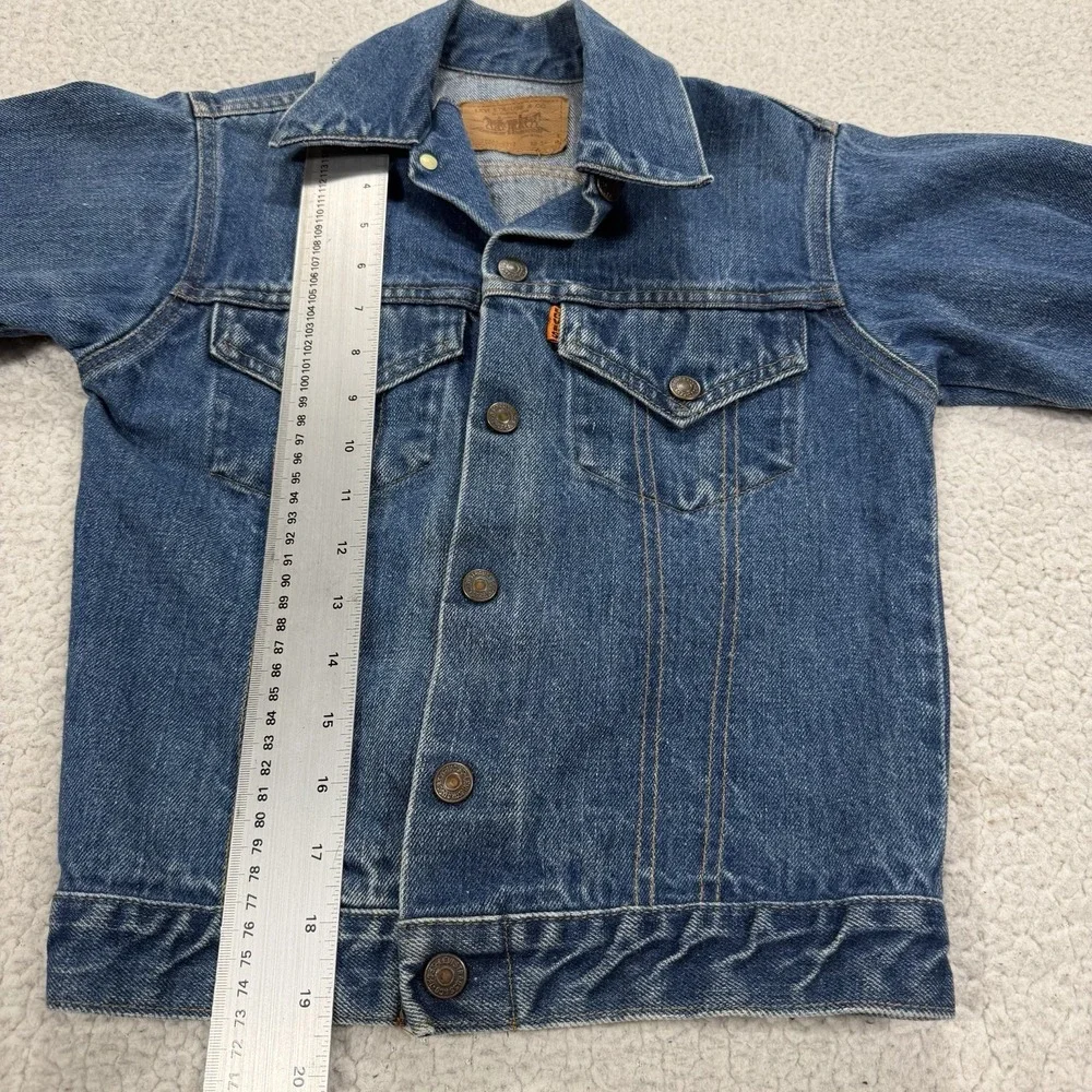 VTG 70s Levi's Kids Denim Trucker Jacket Size 12 USA Orange Tab Western Heritage